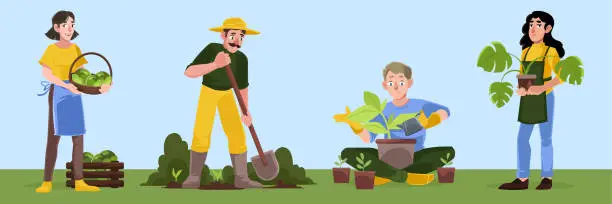 Vector illustration of Gardening or farm works. Men and women gardeners
