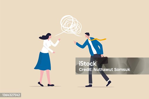 istock Different opinion, conflict or argument in meeting discussion debate, disagreement or fight, challenge dialog concept, businessman and woman colleague arguing different opinion to find out solution. 1364327542