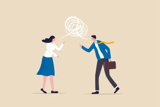 Vector illustration of Different opinion, conflict or argument in meeting discussion debate, disagreement or fight, challenge dialog concept, businessman and woman colleague arguing different opinion to find out solution.