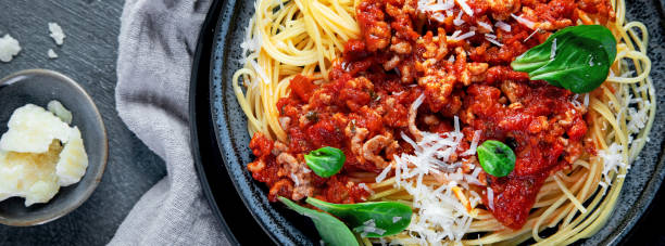 istock Spaghetti Bolognese on gray background. 1364328758