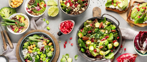 istock Vegan dishes assortment on gray background. 1364328822