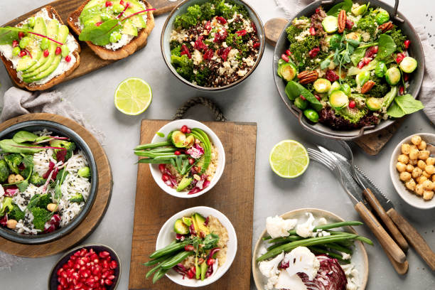 istock Vegan dishes assortment on gray background. 1364328825