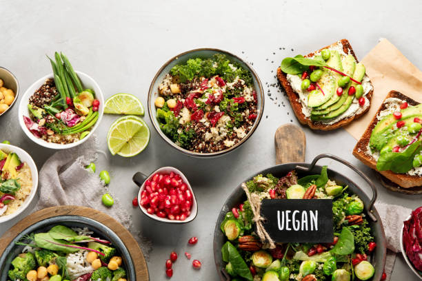 istock Vegan dishes assortment on gray background. 1364329654