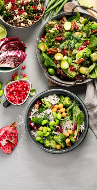 istock Vegan dishes assortment on gray background. 1364329656