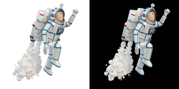 istock Astronaut in spacesuit with jetpack takes off into space. 1364331364