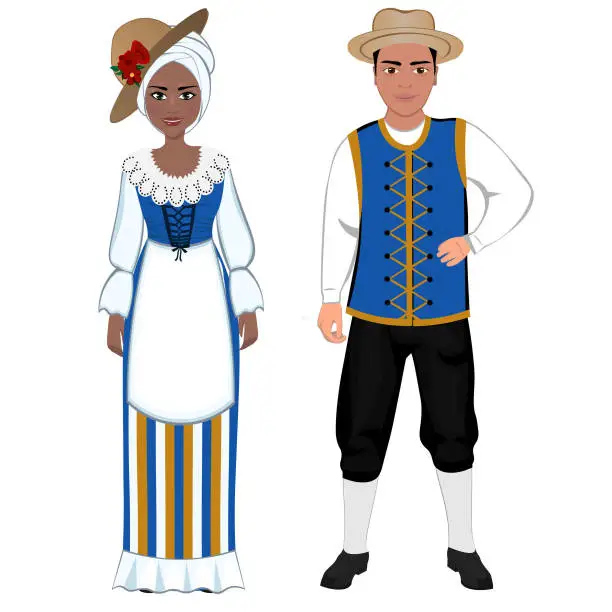 Vector illustration of Woman and man in folk national Barbados costumes. Vector illustration