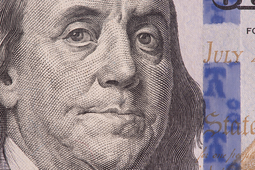100 dollar close-up.  United States one-hundred-dollar bill