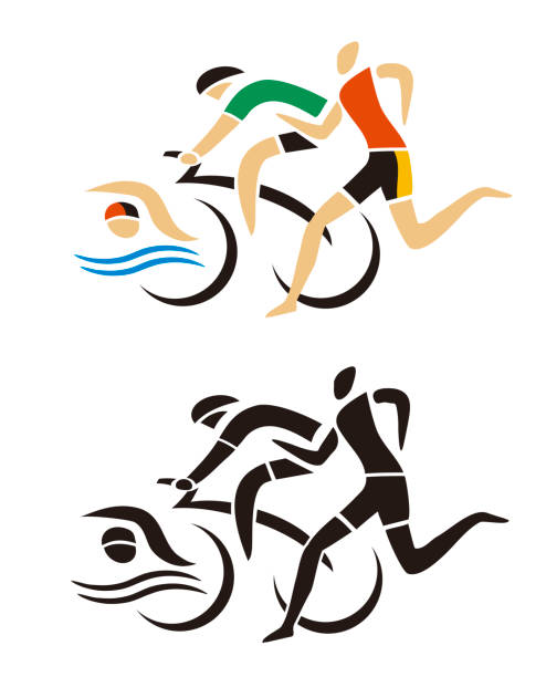 ilustraciones, imágenes clip art, dibujos animados e iconos de stock de iconos de la natación en bicicleta de triatlón - triathlon sport symbol swimming