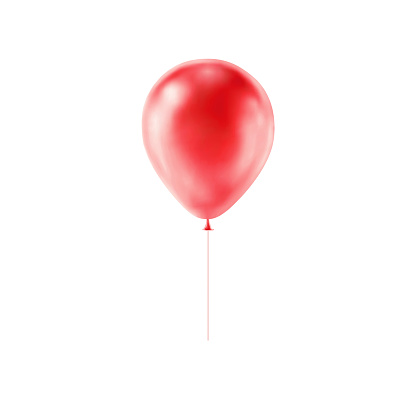 Three bright red balloons flying in front of plane white background. The are on different height and are shiny and simple.