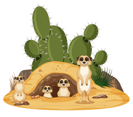 Isolated nature scene with meerkat family illustration