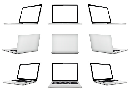 Set of vector laptops isolated. Perspective, front and back side view with blank screen.