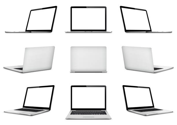 Laptop various side mock up Set of vector laptops isolated. Perspective, front and back side view with blank screen. cut out stock illustrations