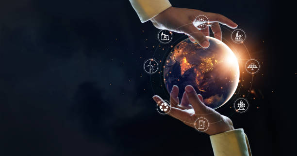 istock Hand pass clean energy, sustainable environment protection earth globe to new generation with energy resources icon. Earth day, energy renewable awareness, eliminate pollution and earth day concept. 1364338535