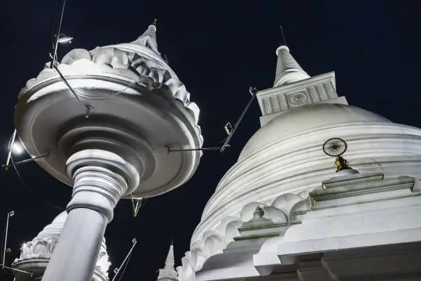 White domes of the Mahamevnawa Amawatura Monastery are under dark night sky. Buddhist Monastery located in Malabe district of Colombo, Sri Lanka