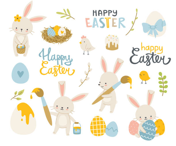 stockillustraties, clipart, cartoons en iconen met easter bunny cute set. easter decoration sticker collection with rabbit, chicken, painted eggs. - paastaart
