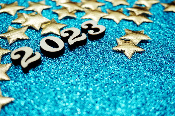 istock Happy New year 2023 with space copy on blue glitter background 1364340544