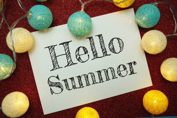 istock Hello Summer typography text with LED cotton ball on red glitter background 1364340616