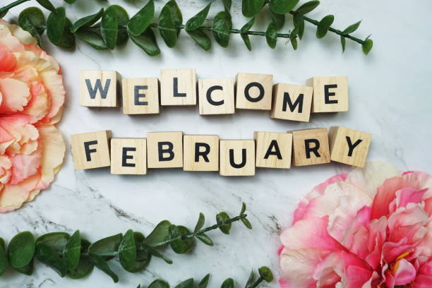 bienvenida letra del alfabeto de febrero con hoja verde y flor rosa plana sobre fondo de mármol - february fotografías e imágenes de stock