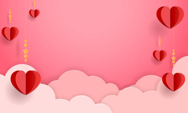 valentine's day greeting card template, vector Happy valentines day greeting background in papercut realistic style. Paper clouds, flying realistic heart on string. valentines day stock illustrations