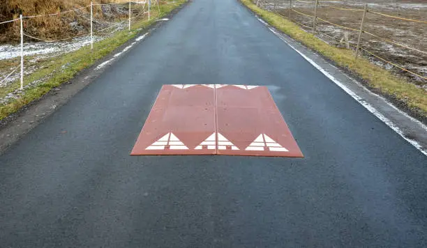 in the middle of the road leading to the residential area, the police and the traffic office installed a red plastic retarder. raised square made of rubber beveled on the sides