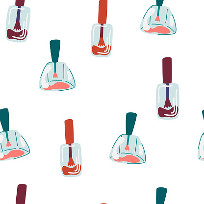 Nail polish seamless pattern. Cosmetics for manicure and self care. Perfect for fabric, print, textile, wrapper.  Vector cartoon illustration.