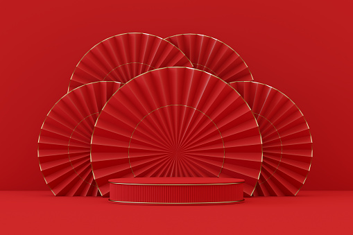 Empty podium, pedestal, product display stand, exhibition, Chinese new year ornaments, red background.