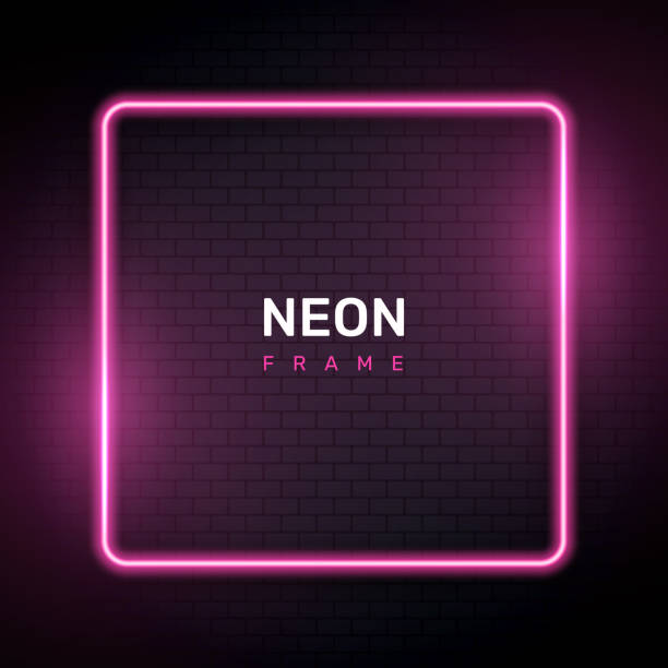 ilustrações de stock, clip art, desenhos animados e ícones de pink neon square frame. geometric neon empty frame on brick wall bakground. - neon