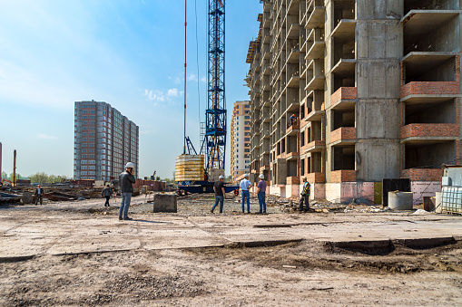 13 may 2021, Kemerovo, Russia. Working meeting at the construction site to solution pressing issues, selective focus