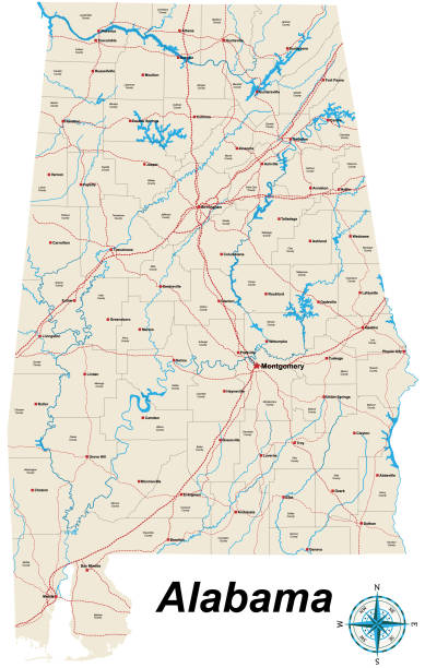 Detailed map of the State of Alabama. A large and detailed map of the State of Alabama with all counties and county seats. alabama state map with cities stock illustrations