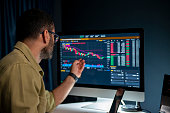 young male stock trader doing financial analysis examining financial data open on computer screen.