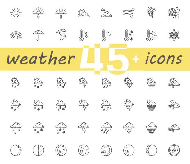 Vector illustration of Set of weather forecast and conditions line icons isolated