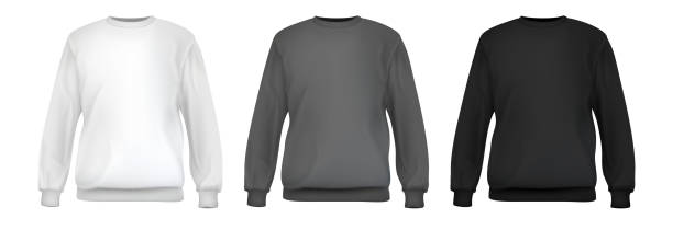 setzen sie realistisches weißes, graues, schwarzes sweatshirt-basistuch isoliert auf sauberem hintergrund. kollektion blank mockup zum branding von männer- oder frauenmode. entwerfen sie eine lässige vorlage. 3d-vektorillustration. - sweatshirt stock-grafiken, -clipart, -cartoons und -symbole