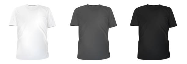 istock Set realistic white, gray, black t-shirt base cloth isolated on clean background. Collection blank mockup for branding man or woman fashion. Design casual template. 3d vector illustration. 1364353484