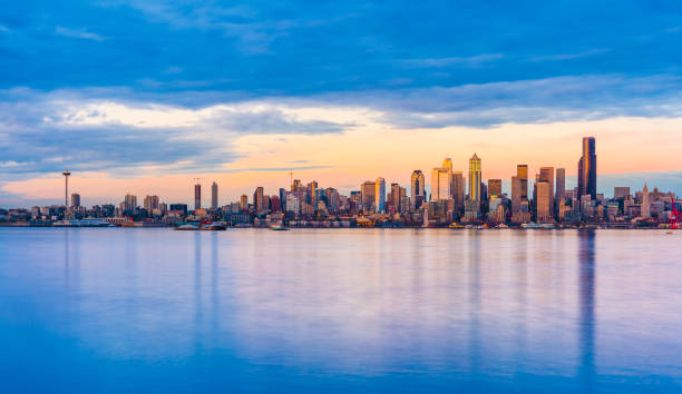 Seattle  City Skyline with  reflection in water,seattle,washington,usa. stock photo