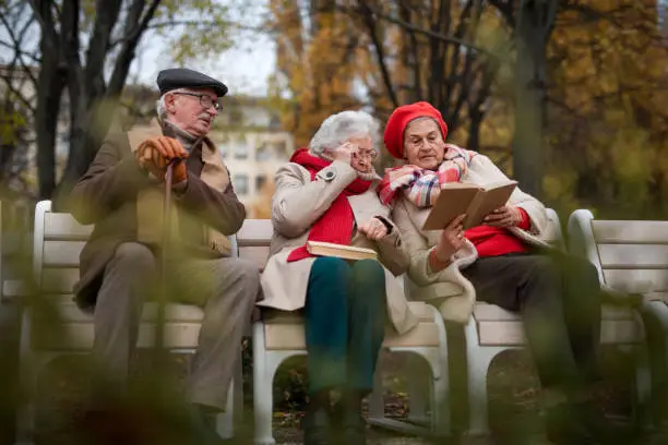 Photo of Group of senior friends sitting on bench and reading books in park on autumn day