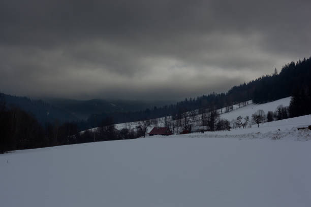 istock A snowy valley in the mountains with a threatening sky. 1364356955