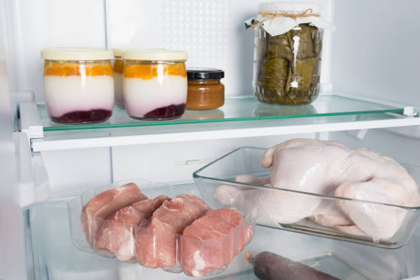 istock meat and dairy products are on a shelf in an open refrigerator 1364357072