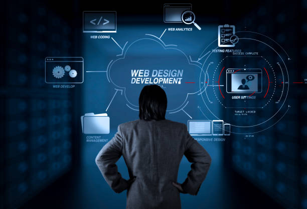 desarrollo de tecnologías de programación y codificación con diseño de sitios web en diagrama virtual.empresario que trabaja con la nueva computadora moderna. - webdesign fotografías e imágenes de stock