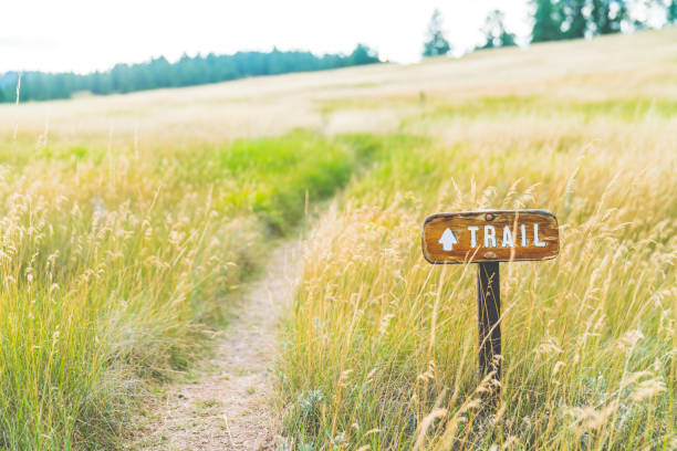 trail sign on the grass field. stock photo