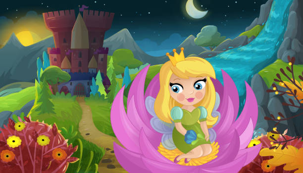 ilustraciones, imágenes clip art, dibujos animados e iconos de stock de escena de dibujos animados con la princesa del bosque de la naturaleza y el castillo - castle fairy tale palace forest