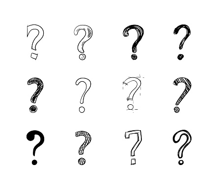 Vector set of drawn questions marks isolated on white background, doodle style illustration.