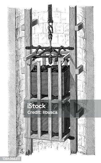 istock Antique illustration of 19th century industry, technology and craftsmanship: Coal mine elevator braking security system 1364366311