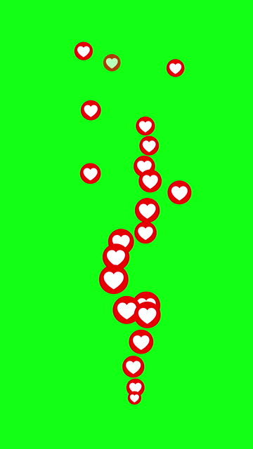 Seamless loop. Social media Live style animated hearts on green background. Love heart icons. Valentines day. Live stream. Chroma Key