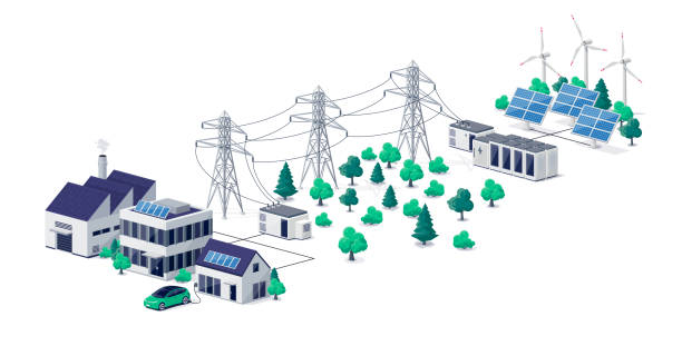 Power distribution transmission of renewable electricity solar energy grid with buildings Renewable energy power distribution with house office factory buildings, solar panel plant station, wind and high voltage electricity grid pylons, electric transformer. Smart virtual battery storage. transformer electricity stock illustrations