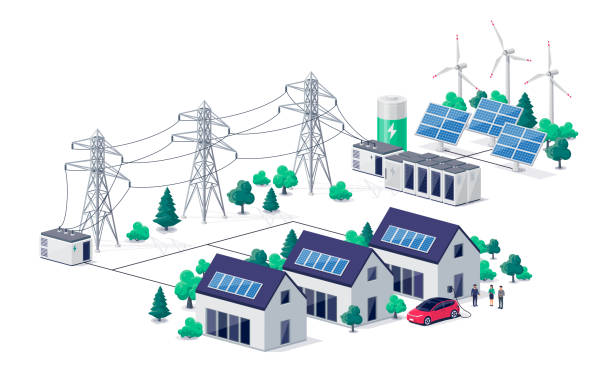 illustrazioni stock, clip art, cartoni animati e icone di tendenza di trasmissione di energia elettrica della rete di energia elettrica solare rinnovabile con case familiari - house residential structure cable sun