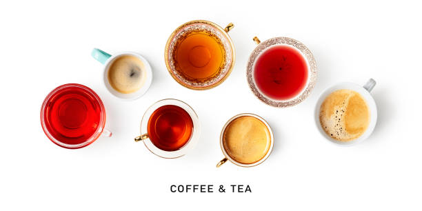 Herbal, black, fruit tea in teacup and cups of coffee