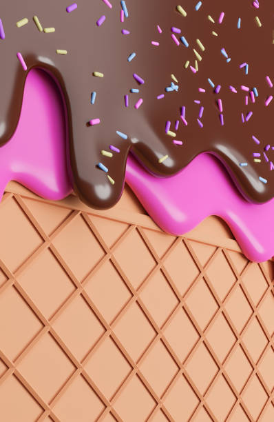 istock Chocolate and Strawberry Ice Cream Melted with Sprinkles on Wafer Background.,3d model and illustration. 1364372467