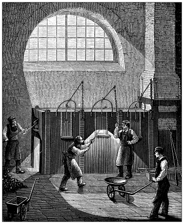 Antique illustration of 19th century industry, technology and craftsmanship: Metallurgy, puddling furnace