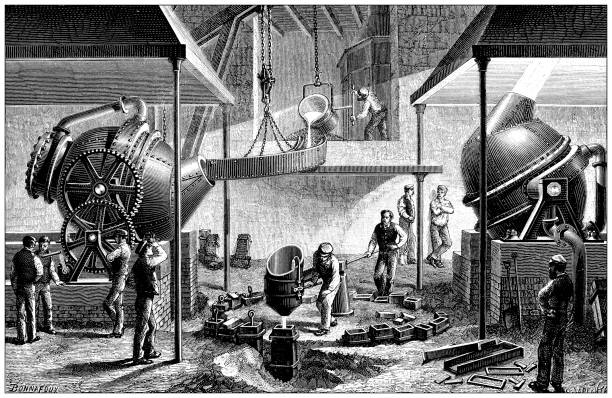 Antique illustration of 19th century industry, technology and craftsmanship: Metallurgy steelmaking furnace Antique illustration of 19th century industry, technology and craftsmanship: Metallurgy steelmaking furnace steel mill stock illustrations