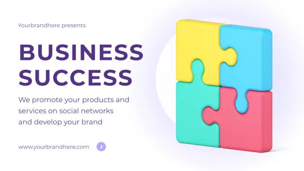 Vector illustration of Business success internet marketing promo service landing page with assembling puzzle pieces vector